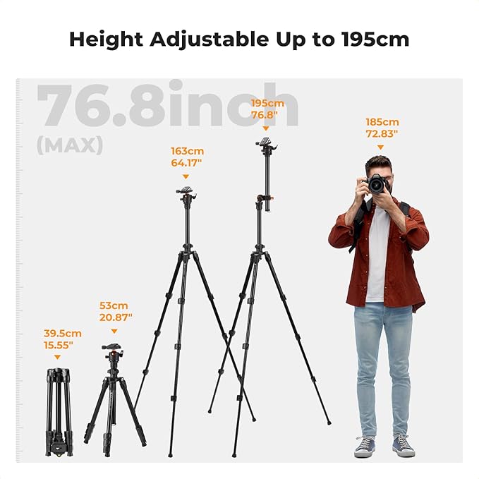 K&F Concept 76 inch Camera Tripod with Rotatable Multi-Angle Center Column,Lightweight Travel Outdoor DSLR Tripods with 360 Degree Ball Head Load Capacity 8kg/17.6lbs, Cellphone Clips for Smartphone