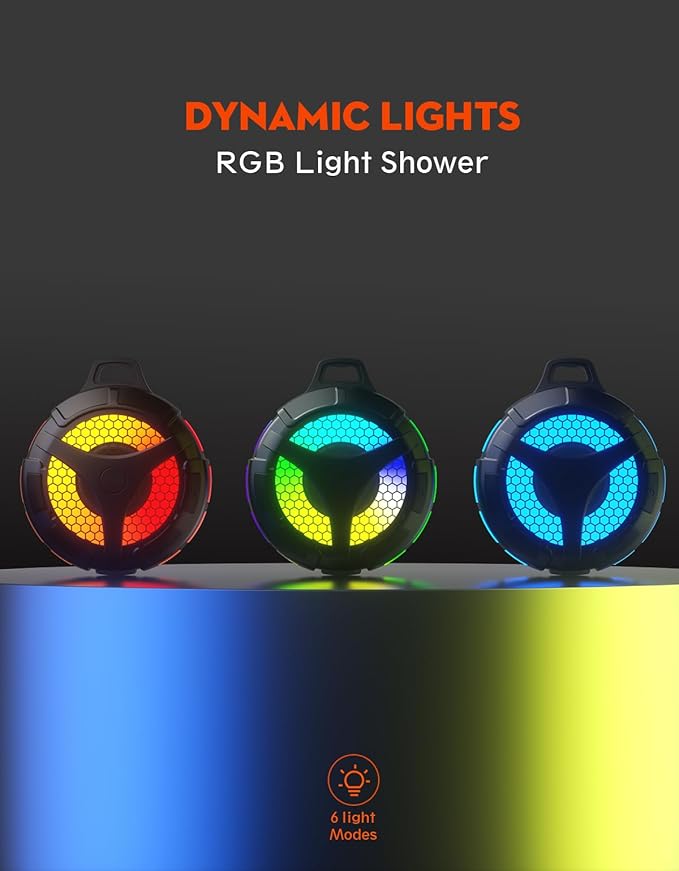 Waterproof Bluetooth Shower Speaker, Suction Cup, Small Portable Wireless IPX7 Waterproof Outdoor Speakers, Loud Stereo Sound Deep Bass, TWS Pairs, 6 Mode RGB Lights, All Ages Gift for Christmas