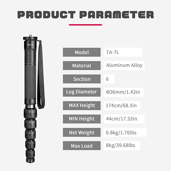 TONYBOO TA-7L 68.5 inch Camera Monopod, 36mm Aluminum Monopod with 6-Section Portable Lightweight, Max Load 40 lbs, Heavy Duty Camera Stand for DSLR Canon Nikon Sony, Easy to Carry