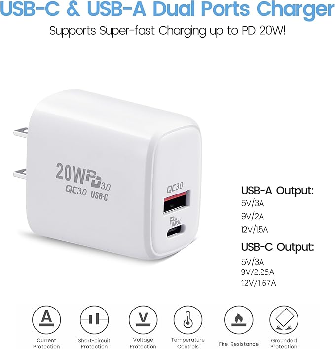 PD 20W USB C Fast Charger Compatible with Meta Quest 3 3S - Dual Port USB + Type C Adapter with 6.6ft C to C Charging Cable for Oculus Quest 2 Headset