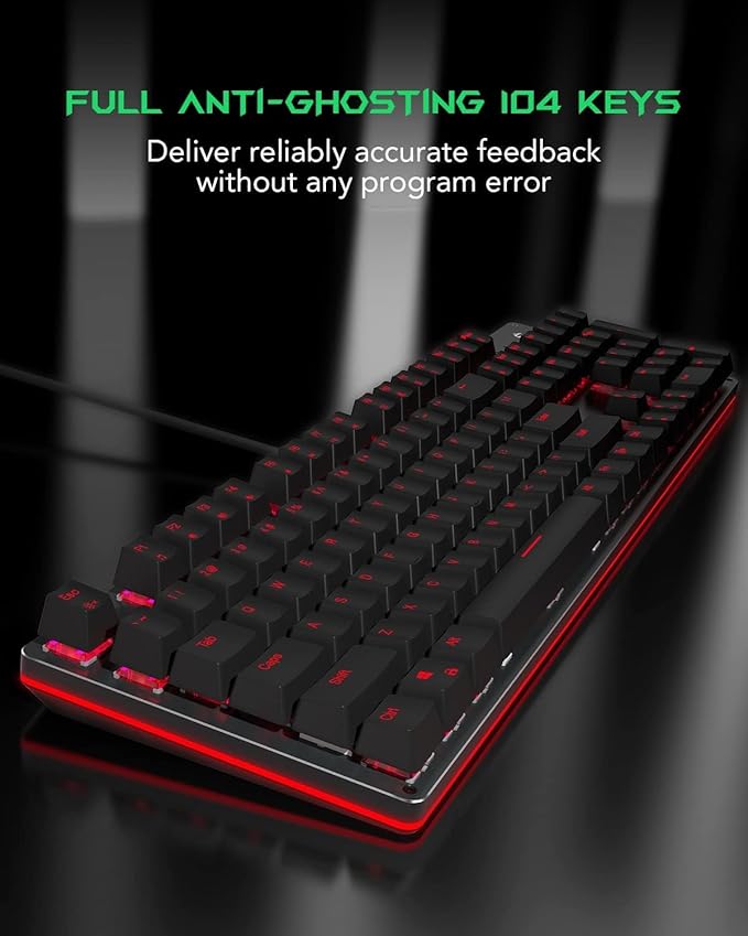 Black Shark RGB Mechanical Gaming Keyboard LED Backlit Wired Keyboard with Red Switches, Fully Programmable, Anti-Ghosting 104 Keys for Desktop PC, Sixgill K2