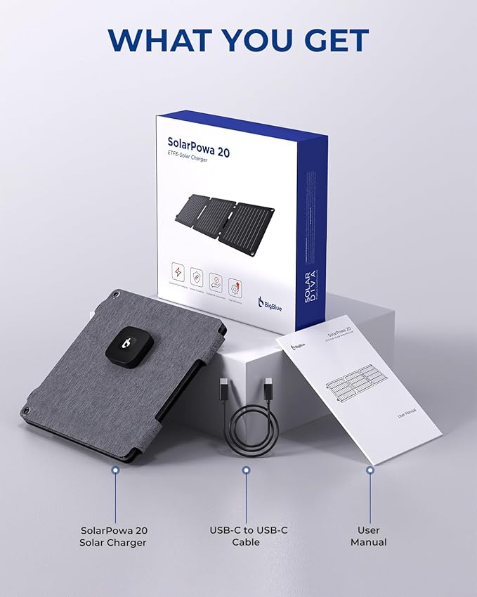 BigBlue 20W Portable Solar Panel with Kickstands, USB-A and USB-C(5V/2.4A per Output), Solar Panel Charger for Camping, Higher Efficiency, IP65 Waterproof, Compatible with Phones, Tablets, Power Bank