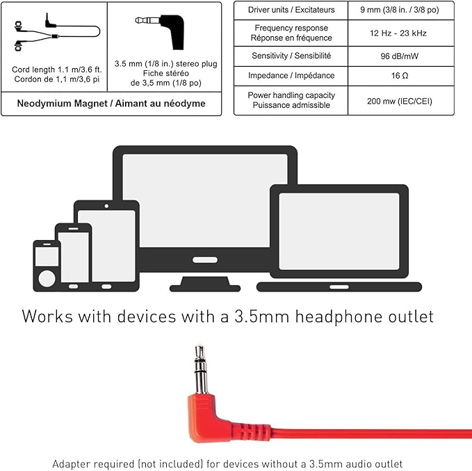 Panasonic ErgoFit Wired Earbuds, 3.5mm Jack In-Ear Headphones Wired with Dynamic Crystal-Clear Sound and Ultra Soft Ergonomic Custom-Fit Earpieces (S/M/L), for Phones and Laptops - RP-HJE120-R (Red)