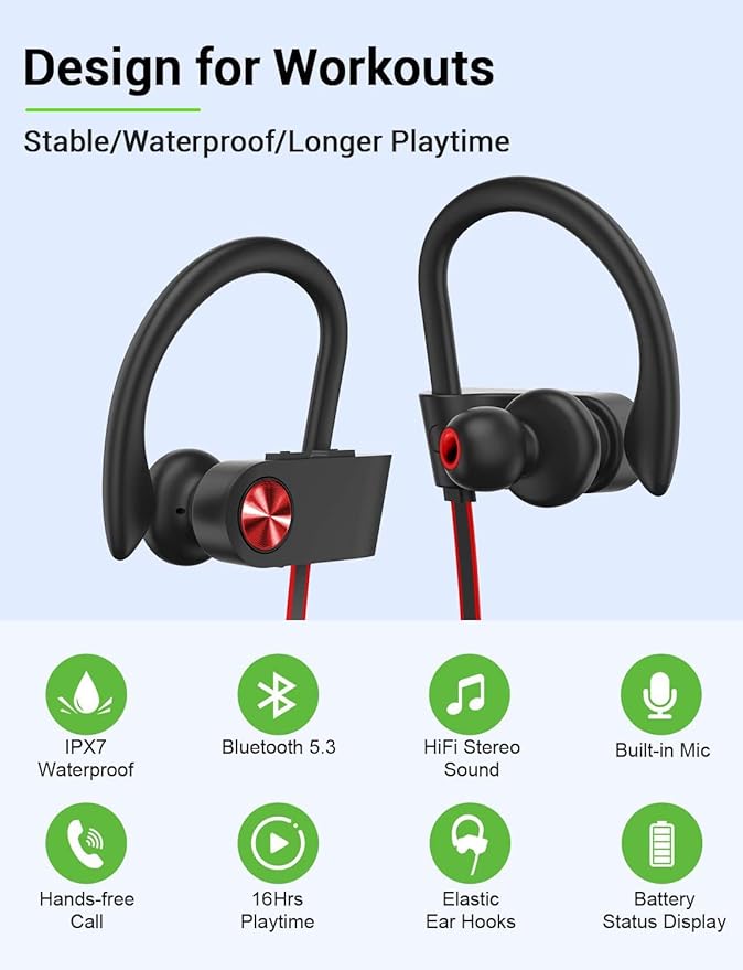 Stiive Bluetooth Headphones, 5.3 Wireless Sports Earbuds IPX7 Waterproof with Mic, Stereo Sweatproof in-Ear Earphones, Noise Cancelling Headsets for Gym Running Workout, 16 Hours Playtime - BlackRed