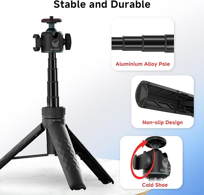 Extendable Mini Camera Tripod with 360° Ball Head, 4 Levels Adjustment Cold Shoe Metal Table Tripod, Lightweight Portable Travel Selfie Stick with 1/4 Inch Screw for DSLR Action Camera