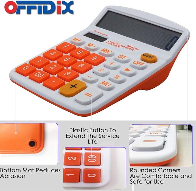 OFFIDIX Office Solar Desktop Calculator and Battery Dual Power Portable Electronic Calculator 12 Digits Large LCD Display Calculator Orange