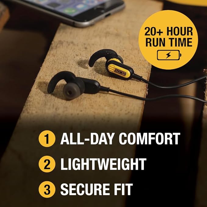 DEWALT Heavy Duty Neckband Bluetooth Earbuds, Wireless Bluetooth 5.2 Headphones w/Microphone, Lightweight Comfort, IP56 Waterproof, Deep Bass Strong Beat, 20H Playtime, Jobsite Behind-Neck Earphones