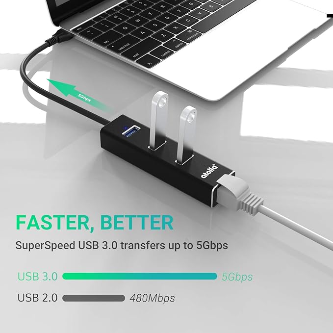 USB C to Ethernet Adapter 3-Port USB 3.0 Hub - 1000Mbps Gigabit RJ45 LAN Port, Driver-Free Aluminum Heat Dissipation for MacBook Pro/Dell XPS/Surface Laptop