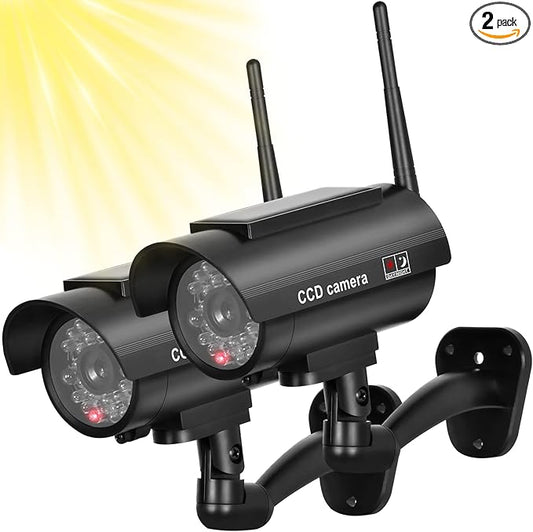 BNT Solar Powered Fake Security Camera, Bullet Dummy Security Camera Simulated Surveillance System with Realistic Red Flashing Light Sensor and Warning Sticker for Indoor/Outdoor(2Pack, Black)