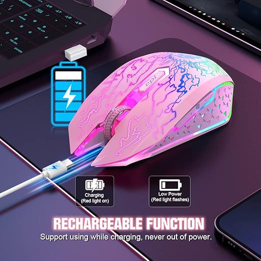 VersionTECH. Wireless Gaming Mouse, Rechargeable Computer Mouse Mice with Colorful LED Lights, Silent Click, 2.4G USB Nano Receiver, 3 Level DPI for PC Gamer Laptop Desktop Chromebook Mac-Pink