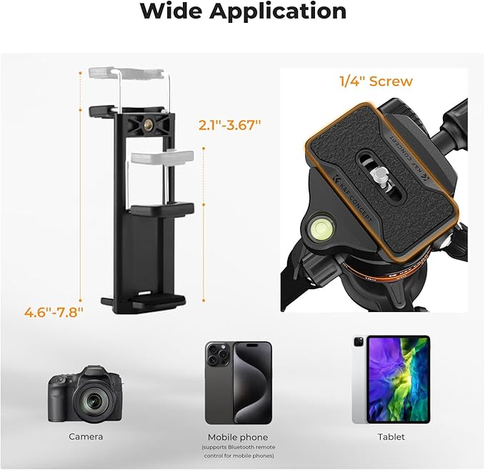 K&F CONCEPT 76" Camera Tripod, Travel Tripod for Camera with 360° Ball Head & Phone Holder, Max Load 17.6lbs, Detachable Monopod, Compact Tripod for DSLR/Smartphone Photography