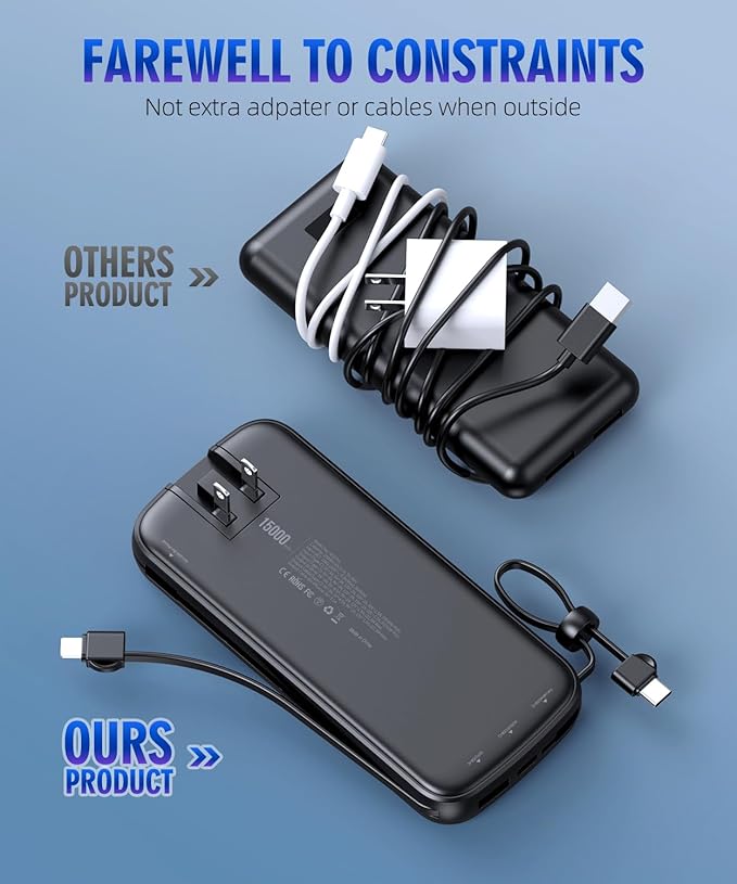 UYAYOHU Portable Charger, Power Bank, 15000mAh Battery Pack Fast Charging Lightweight, Built-in AC Wall Plug and 2 Output Cables with LED Display for iPhone15 14 13 12 11 Samsung iPad etc(Deep Black)