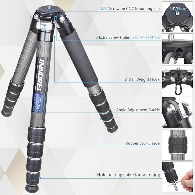 INNOREL KT405C Compact Carbon Fiber Camera Tripod 40mm Max Tube Professional 5 Sections Travel Tripod for Digital DSLR Video Camcorder Heavy Duty Camera Stand Load 77.2lb/35kg with Center Column