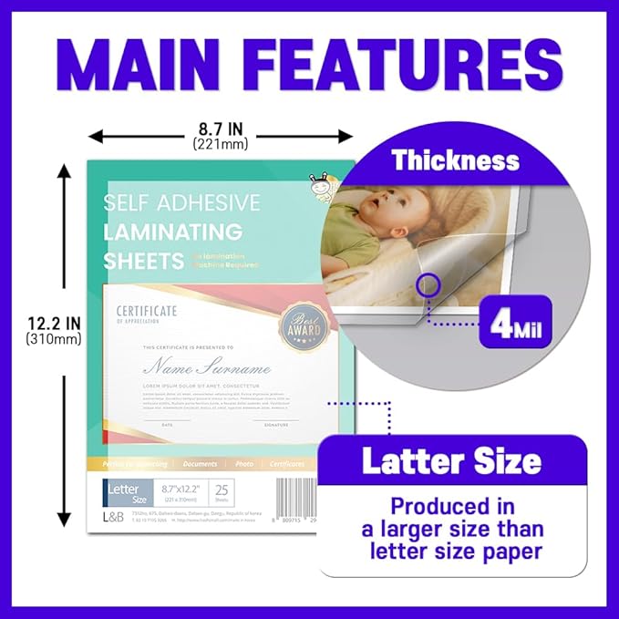 No Heat Laminating Sheets Self Sealing 8.5 x 11 Inch, 25 Pack, 4mil Thickness, Transparent, No Machine Self Adhesive Laminating Sheets, Protect documents and Photos [Letter Size] by HA SHI