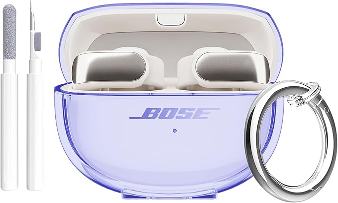 for Bose Ultra Open Earbuds Case Clear 2024,Full Protective Shockproof Soft Transparent TPU Cover for Bose Open Ear Wireless Earbud Headphone Accessories with Carabiner& Cleaning Pen-Purple