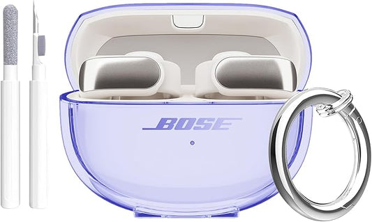 for Bose Ultra Open Earbuds Case Clear 2024,Full Protective Shockproof Soft Transparent TPU Cover for Bose Open Ear Wireless Earbud Headphone Accessories with Carabiner& Cleaning Pen-Purple