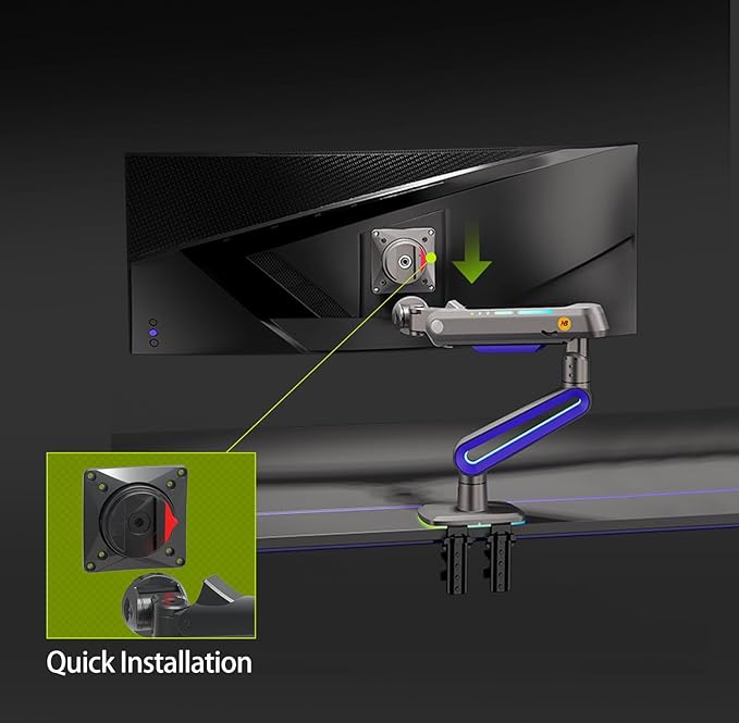 Designer Gaming Monitor Arm for 32 to 60 Inches Screen, Load up to 20 kg, VESA 75/100, RGB-Light, Heavy Duty, Multi Angle Adjustable, Premium Aluminum, Long Arm Extension Purple Blue