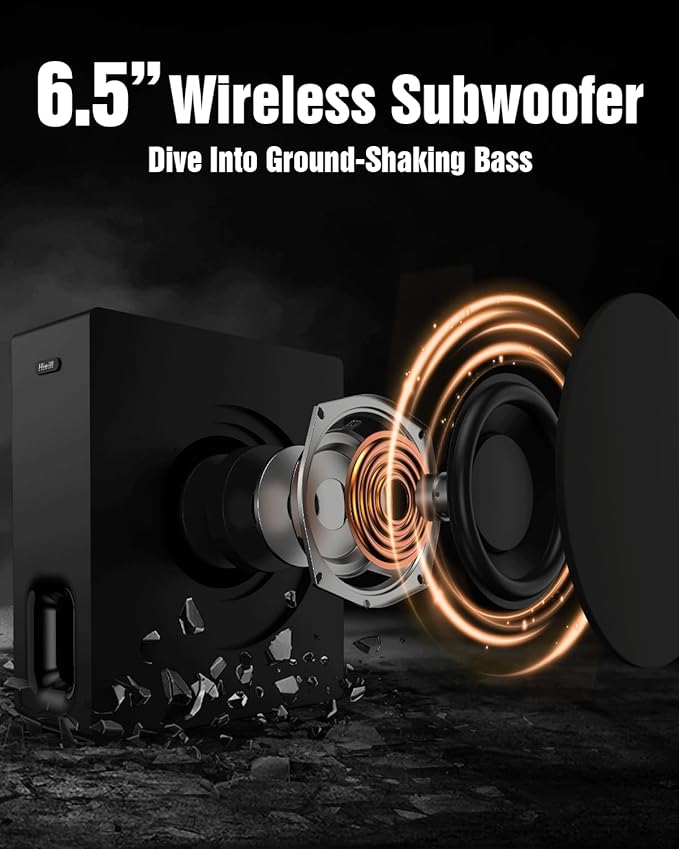 Hiwill 5.1ch Dolby Atmos Surround Soundbar w/ 6.5'' Big Wireless Subwoofer, Extend Soundstage, Deepen Bass, Clarify Dialogue, 2 Wired Rear Speakers Home Theater TV Sound Bar, eARC/Opt, HiElite A51PRO