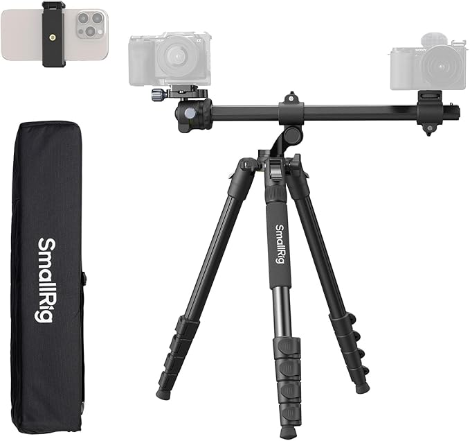 SmallRig CT25 64.5"/164cm Horizontal Overhead Tripod for iPhone & Camera, with Phone Holder & Carrying Bag, 22lb Max Load Aluminum Lightweight Camera Tripod for Overhead Shots/Live Streaming