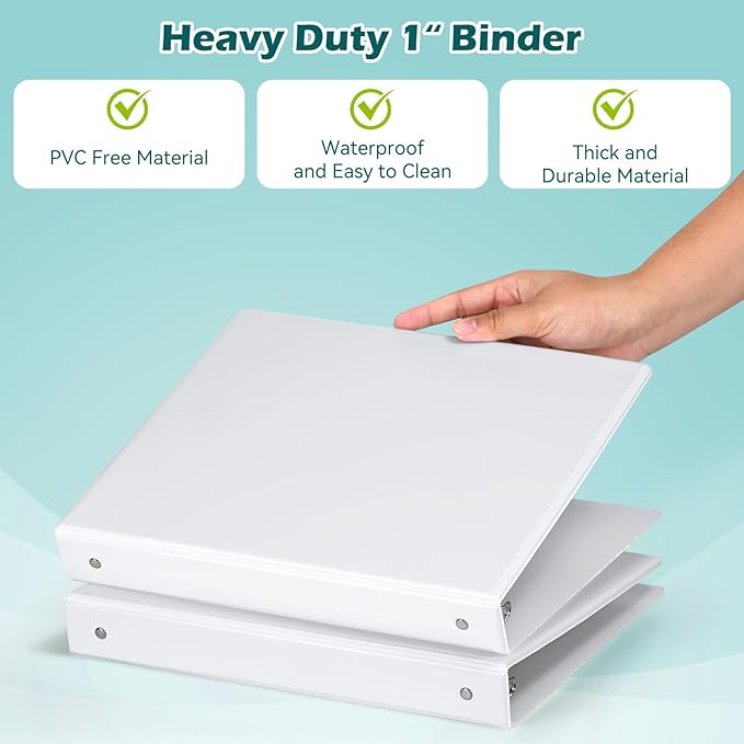 3 Ring Binder 1 Inch 12 Pack, 1" Clear View with Round Rings, PVC-Free,Holds for 200 Sheets 8.5“ x 11" US Letter Size Paper, Durable White Binders Perfect for Office,School and Home