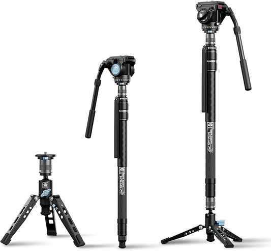 SIRUI SVM-145 Carbon Fiber Camera Monopod with Feet, 60.7" Professional Lightweight Travel Monopod with Fluid Video Head for DSLR Camera, One-Step Height Adjustment, Modular, Max Load 22lbs