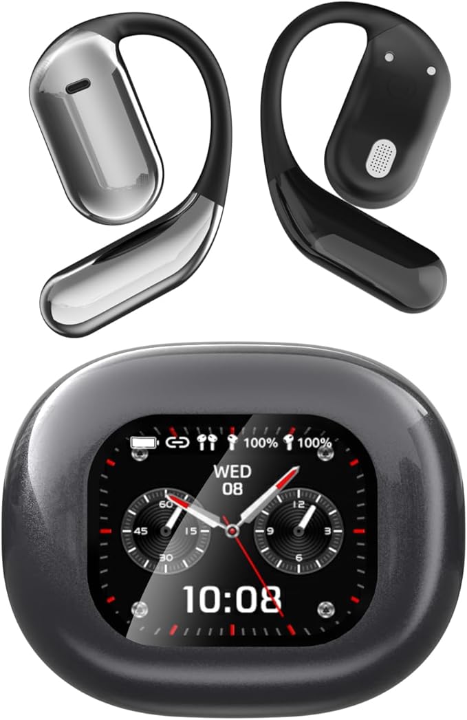 Open Ear Earbud Wireless Bluetooth 5.4 Earbuds,Intelligent Touch Screen Headphones,50H Playtime,Ergonomic Ear Hook,Built-in Mic,LED Display Charging Case,for Sport Running Fitness (Grey)