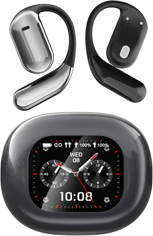 Open Ear Earbud Wireless Bluetooth 5.4 Earbuds,Intelligent Touch Screen Headphones,50H Playtime,Ergonomic Ear Hook,Built-in Mic,LED Display Charging Case,for Sport Running Fitness (Grey)