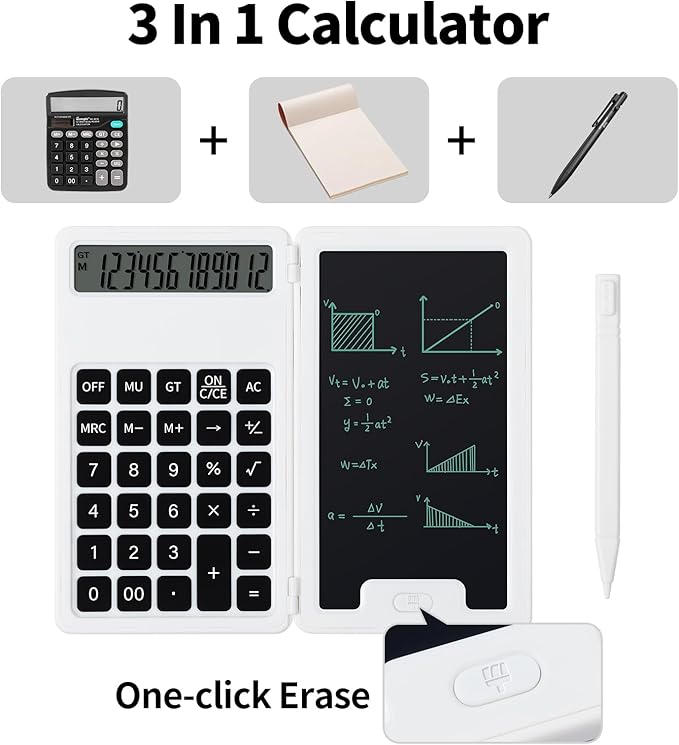 Desk Portable Basic Calculator with Notepad and Stylus, 12 Digit Large Display Multi-Function for Office, School, Home & Basic Financial (White)