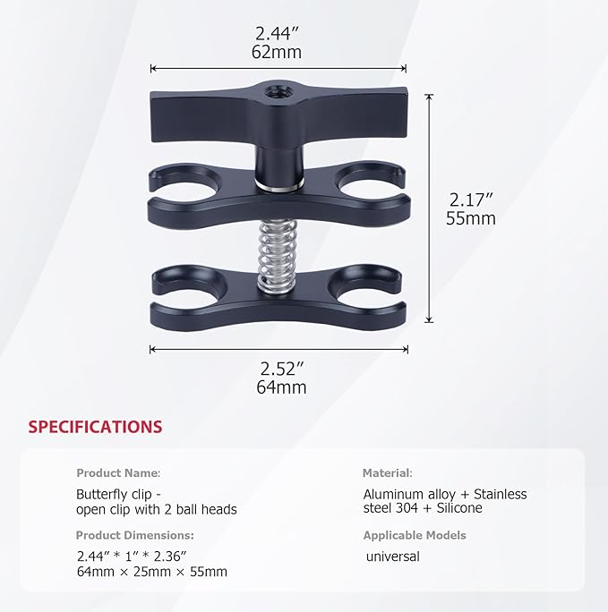 Butterfly Clip Mount with Dual Ball Heads - CNC Aluminum Alloy Spring-Loaded Open Clamp for Insta360/Gopr0 Cameras, LED Lights, Microphones (Ball Joint Compatibility, Underwater Photography) 63151A