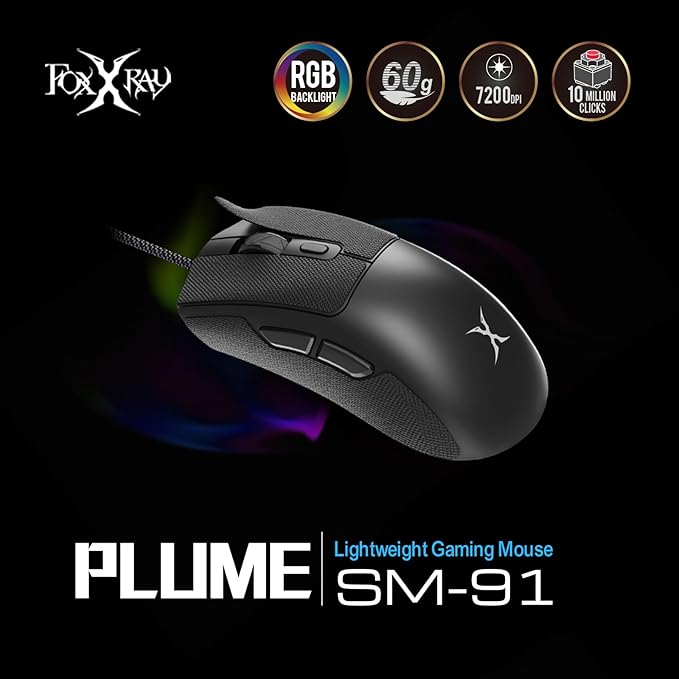 SM-91 Wired Gaming Mouse for PC Laptop, 60g Lightweight, Ergonomic Design, 7200 DPI, 7 Programmable Buttons and RGB Lighting, Anti-Slip Grip, 6ft (1.8m) Braided Cable, Plug and Play