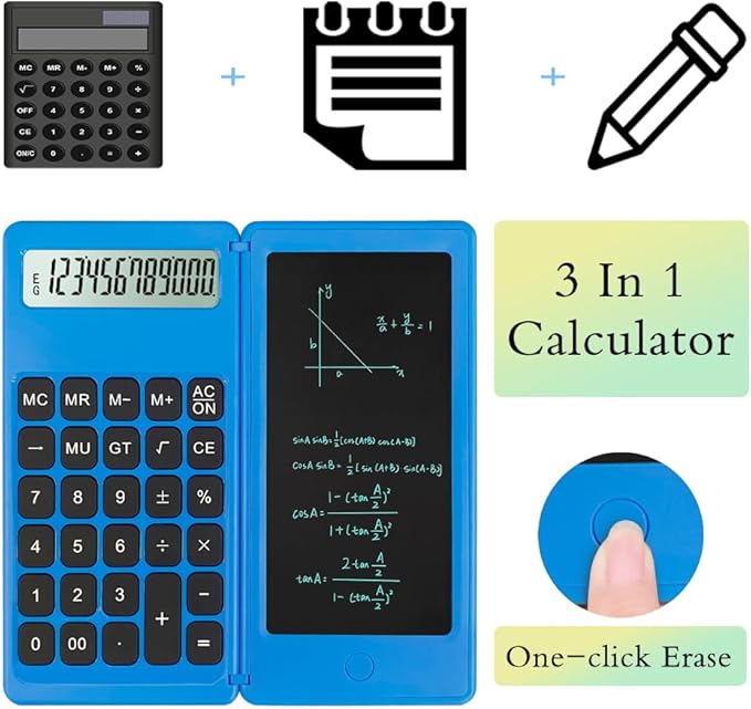 Desk Calculator, Desktop Small Calculators with Writing Notepad, Basic 4-Function Math Large Button Calculator, School Supplies for Kids, Middle/High School Students (Blue)