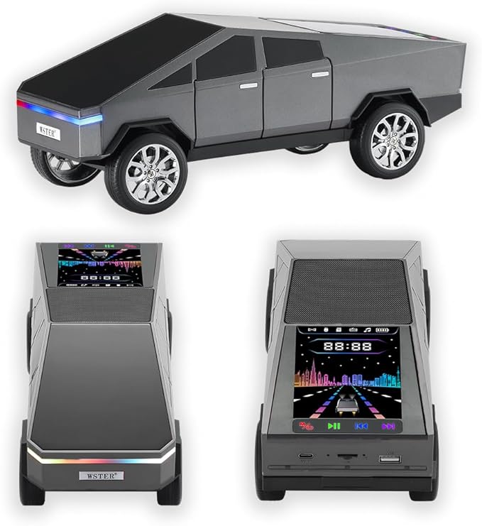 WS-580 Bluetooth Pickup Truck Replica Portable Speaker,with Display Screen,HD Sound, TWS Pairing, FM Radio,Built-in Microphone Hands-Free Calling, LED Party Light, Surprise Gift for Car Lovers(Gray)