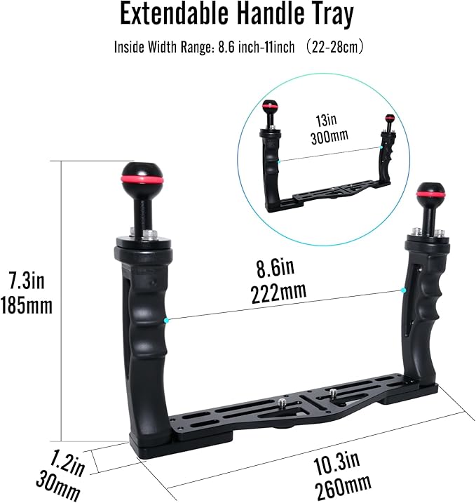 NS10 Underwater Camera Tray extendable Handle Grips Bracket for gopro,pt059,rx100 uw Camera housing Universal Soft Handle with Aluminum and Rubber Material (Black)