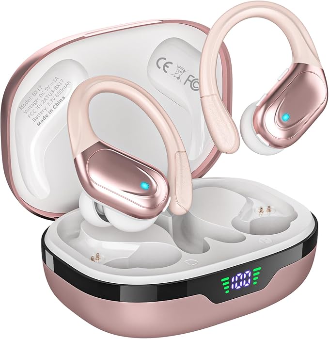 Wireless Earbuds, Sports Bluetooth Headphones, 80Hrs Playtime Ear Buds with LED Power Display, Noise Canceling Headset, IPX7 Waterproof Earphones for Workout/Running (Rose Gold)