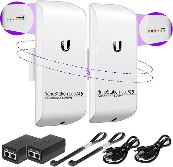 Wireless Bridge LOCOM5 PRE-Programmed Bundle of 2 Ubiquiti Nanostation LOCO M5, Point to Point Outdoor WiFi Bridge, Plugh and Play, 5GHz, 150+Mbps, 15+km Link Range Network Wireless Bridge.