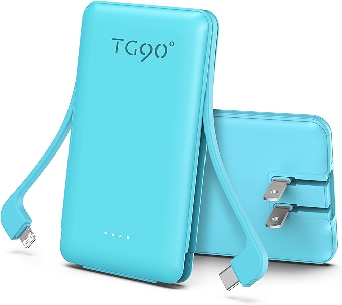 TG90° 5000mAh Slim Portable Charger,Ultra Compact Portable Charger with Built-in AC Wall Plug & USB-C Fast Charging,Pocket Size Travel Charger Compatible with iPhone 17 16 15 14 Samsung S22 S21 iPad