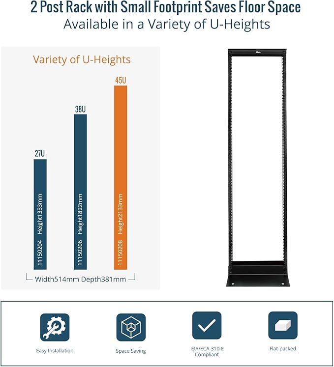 Tecmojo 45U 2-Post Open Frame Server Rack – 19" Network, Server, AV, Data & IT Equipment, Telecom & Patch Panel Mount, 1763 lbs Capacity, Black, Square Holes