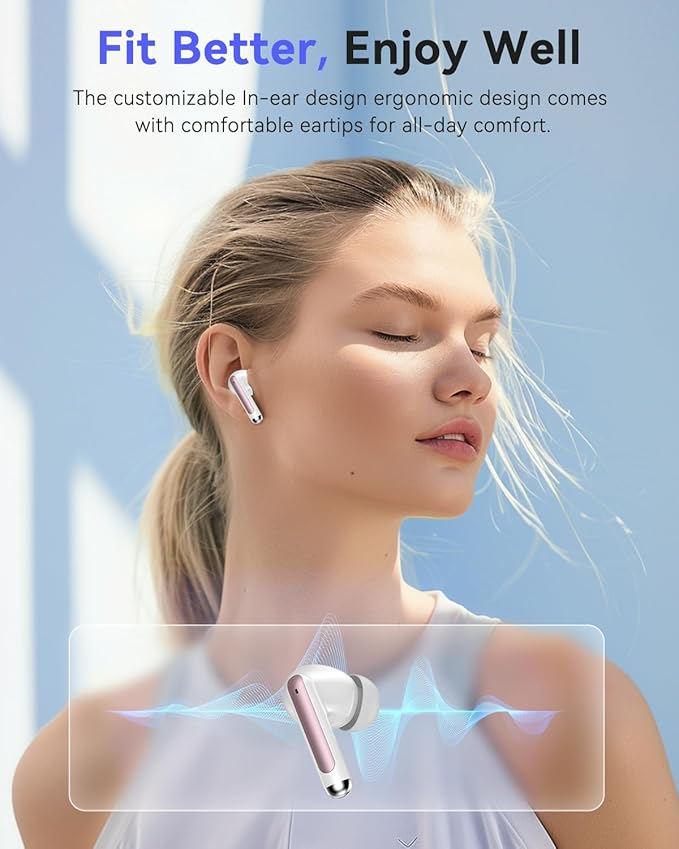 Bluetooth Headphones True Wireless Earbuds 42H Playback LED Power Display Earphones with Charging Case IPX7 Waterproof in-Ear Ear Buds with Mic for Sports, Rose Gold