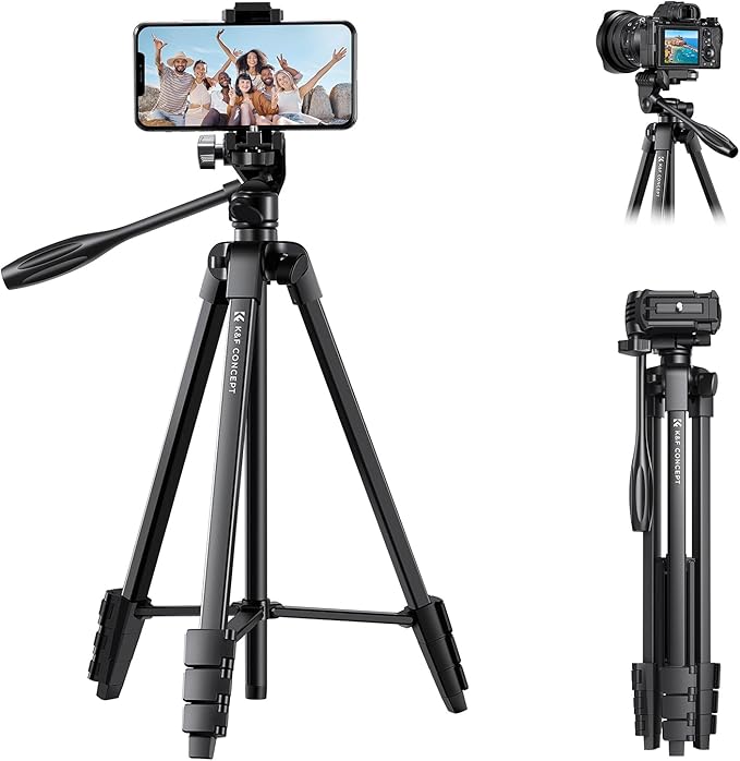 K&F CONCEPT 60'' Portable Travel Tripod, 1.34 lbs Ultra Lightweight with Remote and Cellphone Holder, 360° Panorama, Cold Shoe Interface, Portable for Travel - B174A1