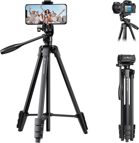 K&F CONCEPT 60'' Portable Travel Tripod, 1.34 lbs Ultra Lightweight with Remote and Cellphone Holder, 360° Panorama, Cold Shoe Interface, Portable for Travel - B174A1