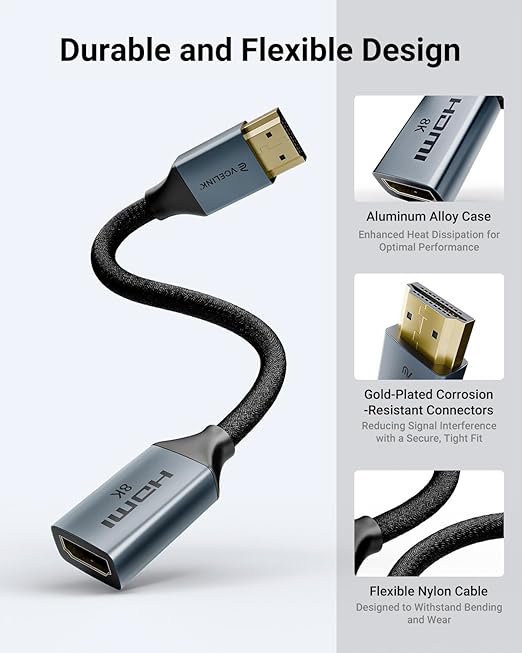 VCELINK 8K Short HDMI Extender Cable 0.6 FT Ideal for Tight Spaces, HDMI Extension Male to Female Adapter, Compatible with Roku TV Stick, HDTV, Game Console, Laptop (1 Pack, 0.6FT)