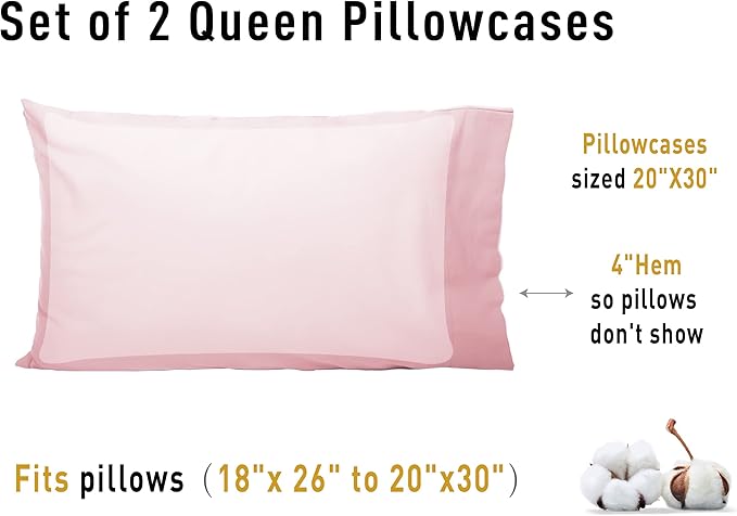 Sunflower Queen Pillowcases Set of 2, 100% Cotton Queen Pillow Cases 2, 20×30 inches Dark Pink, Soft and Breathable