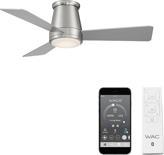 WAC Smart Fans Hug Indoor and Outdoor 3-Blade Flush Mount Smart Home Ceiling Fan 44in Brushed Nickel with 3000K LED Light Kit and Remote Control works with Alexa and iOS or Android App