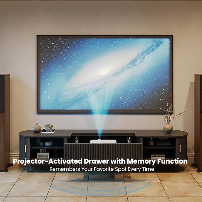 86" Ultra Short Throw Projector Cabinet, Mid-Century Modern Electric TV Stand with Power Featuring Drawer, Linkage Memory Function, Ample Storage Space, and Pet Friendly, Black