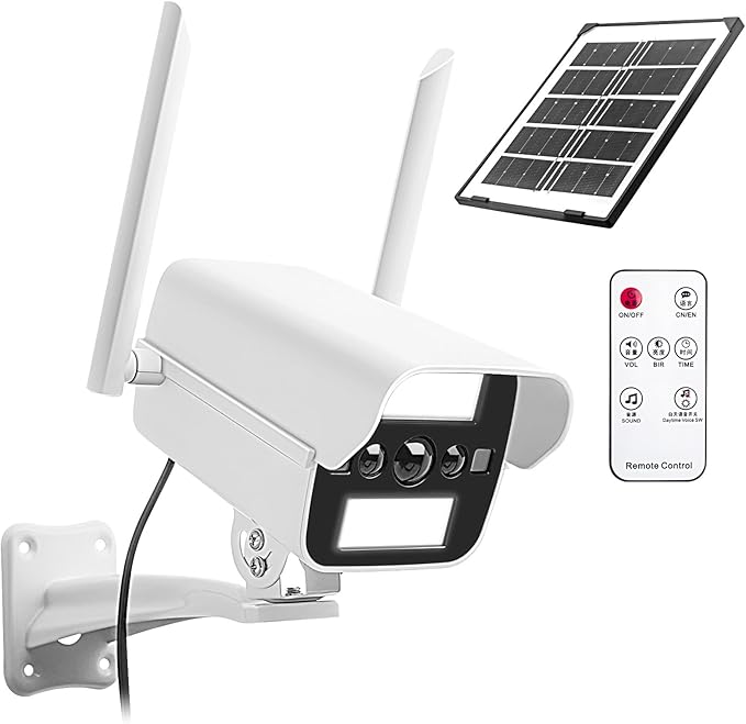 Solar Fake Security Camera with Motion Sensor Light&Audio& Sound&Doorbell for Outdoor, Decoy Simulated Dummy Surveillance Cameras for Outside, IP54, Warning Sticker Included (Solar+Battery)