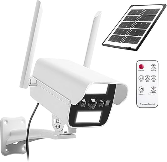 Solar Fake Security Camera with Motion Sensor Light&Audio& Sound&Doorbell for Outdoor, Decoy Simulated Dummy Surveillance Cameras for Outside, IP54, Warning Sticker Included (Solar+Battery)