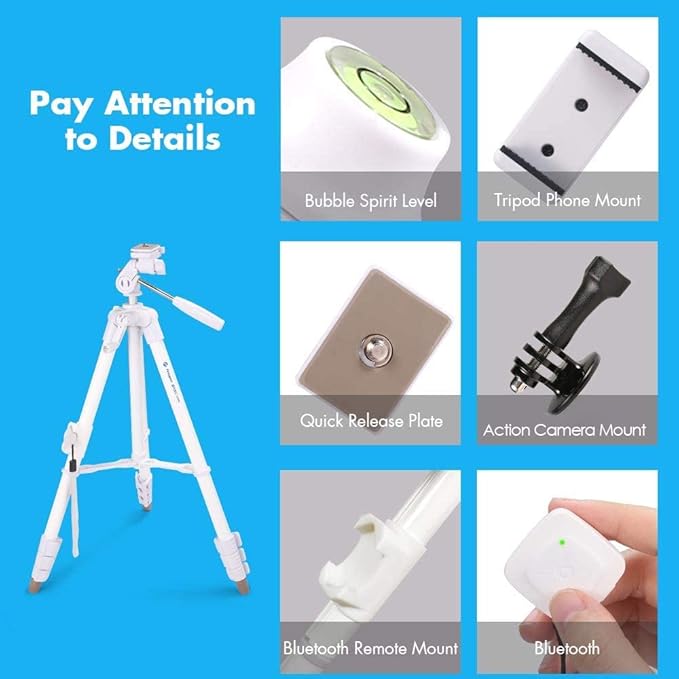 59'' Camera Tripod, Fotopro Portable Tripod for iPhone with Bluetooth Remote, Aluminum Video Camera Tripod for Canon Action Camera with 3-Way Head & Adjustable Phone Mount