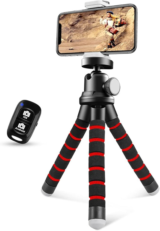 Sensyne Phone Tripod, Flexible Cell Phone Tripod with Phone Holder and Wireless Remote, Mini Travel Tripod Stand, Compatible with All Cell Phones, Cameras (Red)