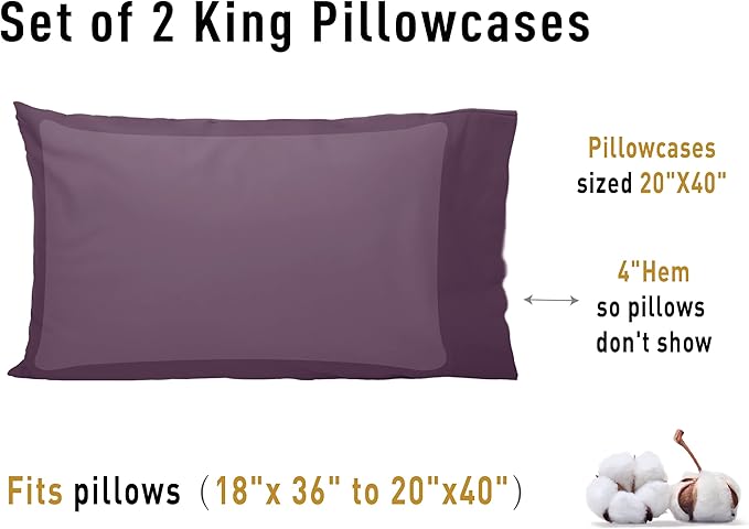 Sunflower King Pillowcases Set of 2, 100% Cotton King Size Pillow Cases 2, 20×40 inches Dark Purple, Soft and Breathable