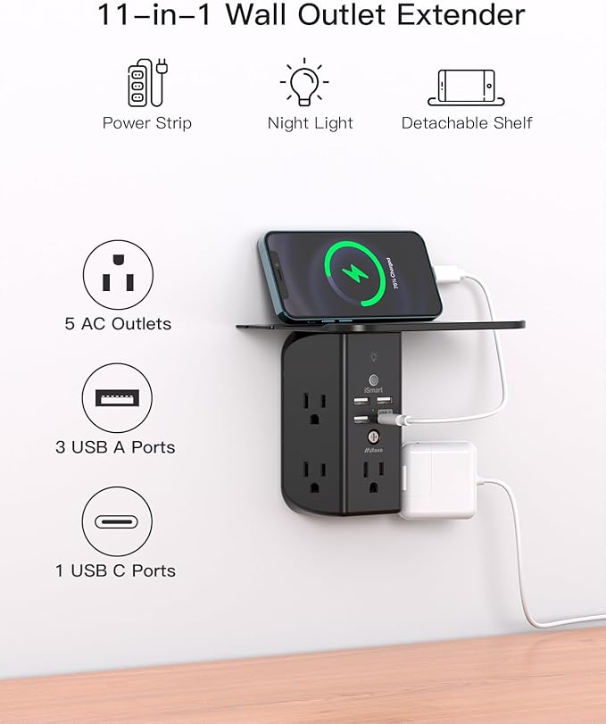 Wall Outlet Extender with Shelf and Night Light,Surge Protector,USB Wall Charger with 5 USB Outlets and 3 USB Ports 1 USB C Outlet